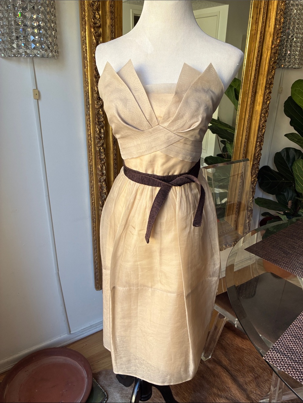 BCBG Maxazria runway Strapless Champagne silk Party Dress with Waist Sash 2